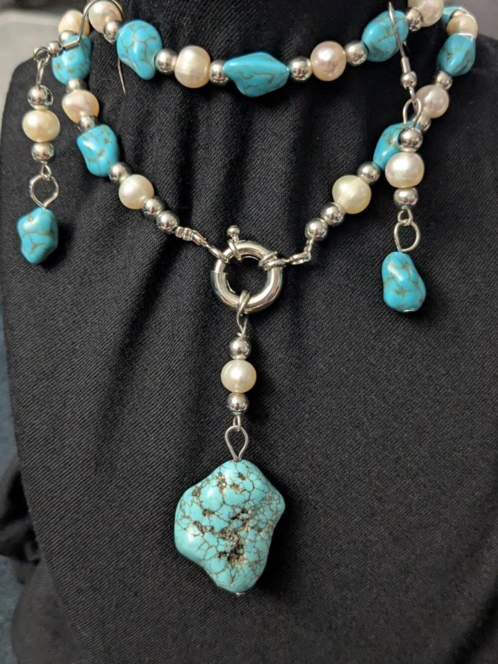 Turquoise & Pearl Jewelry Set Necklace, Earrings, and Bracelet